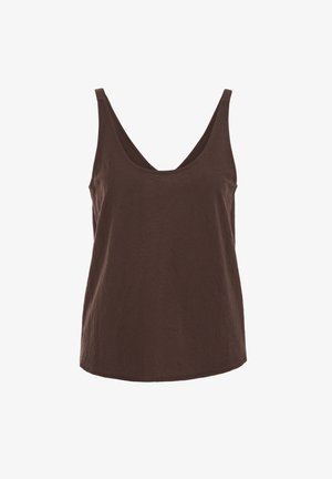 Pruun, varrukateta naiste top, sügava ümar-kaelusega ja laiade õlapaeltega, valgel taustal.