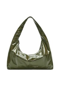 Lśniąca, oliwkowo-zielona torba hobo o zaokrąglonym kształcie i szerokim pasku. Posiada zamek błyskawiczny oraz dyskretne logo u podstawy.
