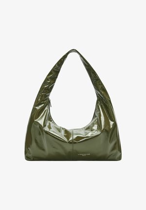 Lśniąca, oliwkowo-zielona torba hobo o zaokrąglonym kształcie i szerokim pasku. Posiada zamek błyskawiczny oraz dyskretne logo u podstawy.