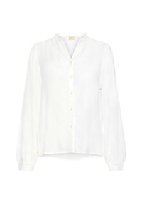 Blusa bianca con bottoni realizzata in un tessuto liscio, caratterizzata da un collo senza colletto, maniche lunghe con polsini elastici e una vestibilità comoda.