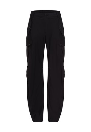 Black cargo pants with a relaxed fit, made from durable fabric, featuring multiple side pockets and a button closure at the waistband.