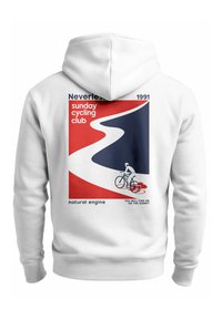 Weißer Hoodie mit einem bunten Grafikdesign auf der Rückseite, das ein rotes, blaues und weißes Muster, eine Fahrradillustration und Textelemente zeigt.