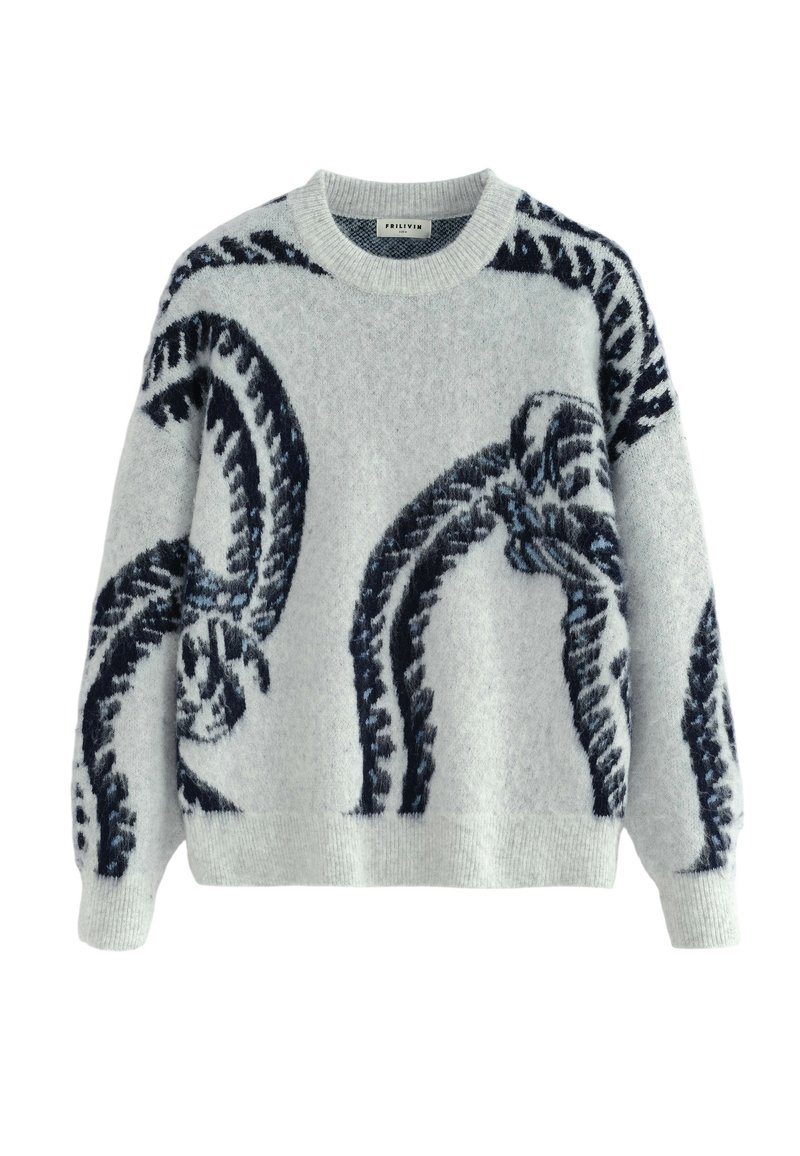 Pull tricoté gris clair avec un motif abstrait de corde bleu marine, col rond, et poignets et ourlet côtelés. Texture douce et coupe décontractée.