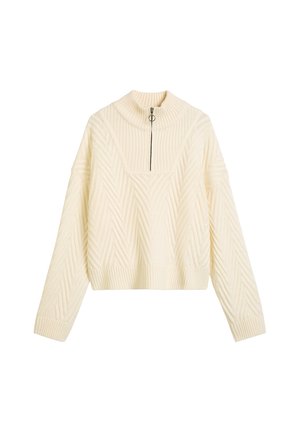 Pull cropped de couleur crème avec un col haut, doté d'une fermeture éclair à mi-hauteur et d'une texture en chevrons sur toute sa surface. Ourlets et poignets côtelés.