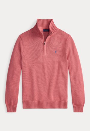 Sarkans velour pullovers ar rāvējslēdzēju, adīta tekstūra, ribota elastīga apakša un piedurkņu gali, ar mazu zilu logo kreisajā krūtīs. Kokvilnas maisījuma materiāls.