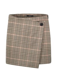 Viknederdel i ternet mønster med sorte, lyserøde og beige farver. Fremstillet i tekstureret stof med en smal knaplukning i siden.