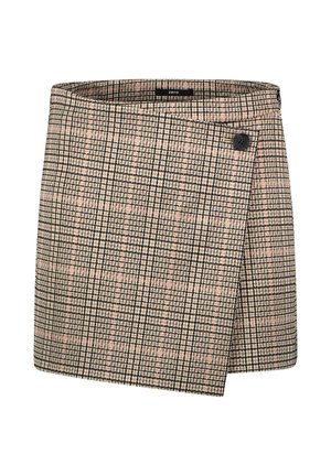 Spódnica kopertowa w kratę, w kolorach czarnym, różowym i beżowym. Wykonana z teksturowanego materiału, zapinana na boczny guzik.