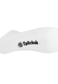 Weiße Baumwollsocke mit glatter Textur, ausgestattet mit einem schwarzen "Spitzbub"-Logo nahe der Ferse. Schlichtes, funktionales Design ohne Muster.