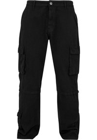 Pantalons cargo noirs en tissu durable. Dotés de plusieurs poches latérales, d'une coupe décontractée et de détails cousus. Design classique adapté à diverses utilisations.