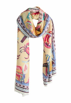 Hellbeiger Schal mit bunten, nautischen Illustrationen, darunter Schiffe, Krabben, Rettungsringe und der Text "Nur an Wochenenden".