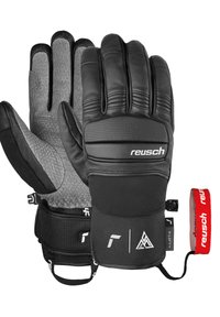 Guanti isolati neri con fodera grigia testurizzata, palmo in gomma e cinturino regolabile al polso. Presenta un logo di marca e cuciture rinforzate.