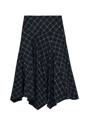 Dunkler Karorock mit breitem Taillenbund und asymmetrischem Saum, versehen mit schwarzen, blauen und weißen überkreuzenden Linien in einem weichen, fließenden Stoff.