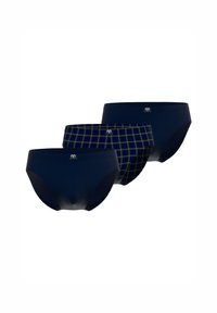 Drei Paar Herrenwäsche in Marineblau mit einem karierten Design. Die Merkmale umfassen elastische Taillenbündchen und eine glatte, gewebte Textur.
