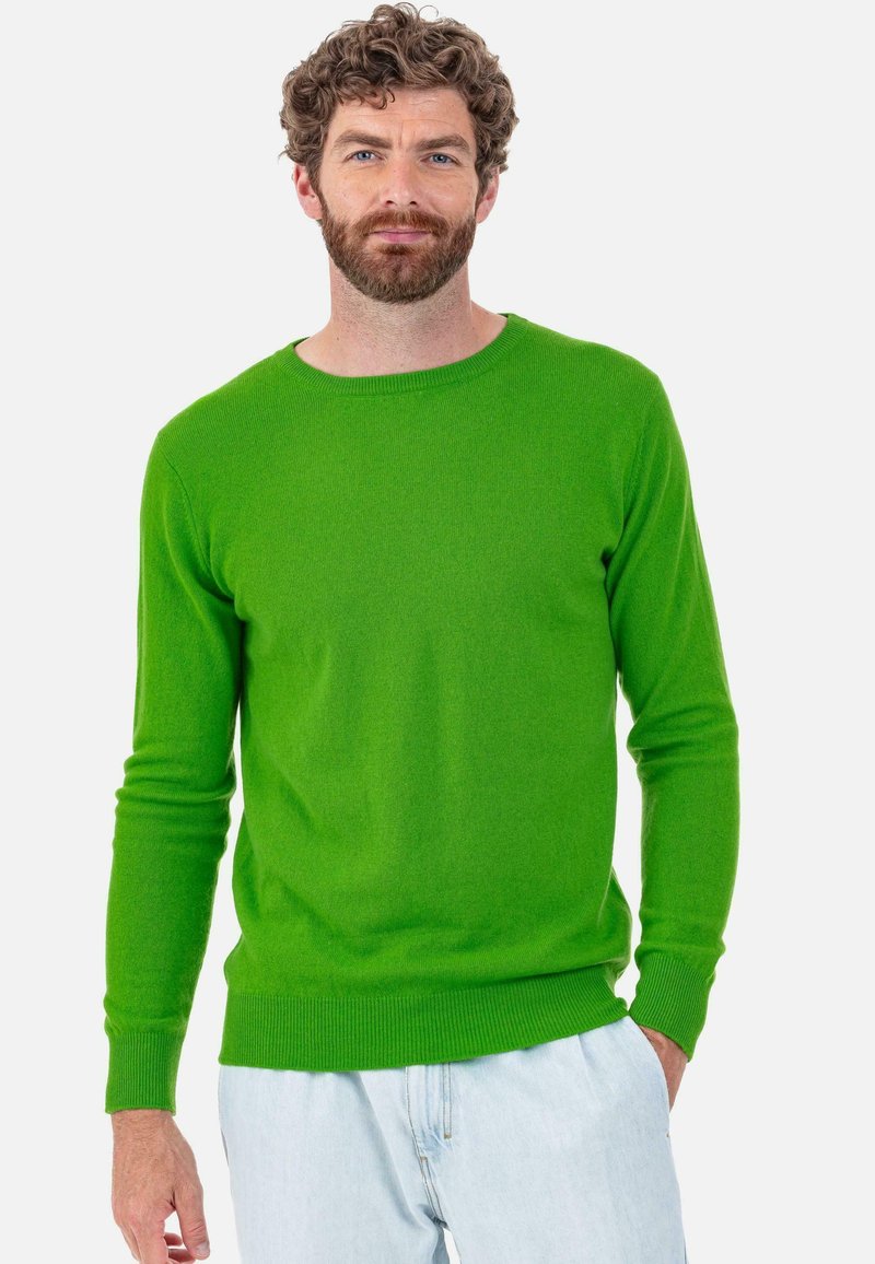 Pull vert à col rond en tissu tricoté doux. Silhouette ajustée avec manches longues et poignets et ourlet côtelés. Design décontracté.