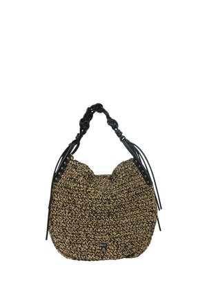 Borsa a tracolla intrecciata marrone e nera con manico nero intrecciato e dettagli in pelle su sfondo bianco.