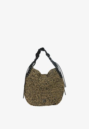 Borsa a tracolla intrecciata marrone e nera con manico nero intrecciato e dettagli in pelle su sfondo bianco.