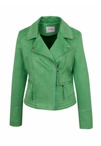 Giacca biker verde in suede con zip asimmetrica, colletto con bottoni a pressione e tasche laterali con zip, progettata per donne.