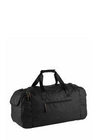 Borsa da viaggio nera rettangolare con diverse tasche con zip, due maniglie per il trasporto e una presa imbottita sulla parte superiore.