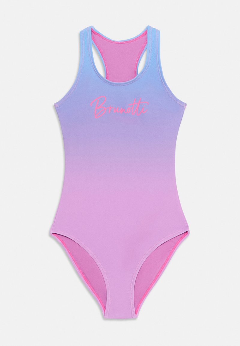 Viengabiešu peldkostīms ar gradientu no zila uz rozā. Tam ir sporta aizmugure, kontrastējoša rozā apdare un "Brunotti" logo rozā fontā.