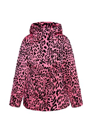 Rosa Puffjacke mit einem schwarzen Leopardenmuster, ausgestattet mit einer Kapuze, tailliertem Schnitt und Fronttaschen. Strukturiertes, gestepptes Material.