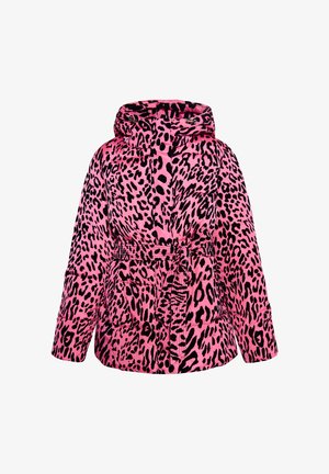 Veste doudoune rose avec un motif léopard noir, dotée d'une capuche, d'une taille cintrée et de poches frontales. Tissu texturé et matelassé.