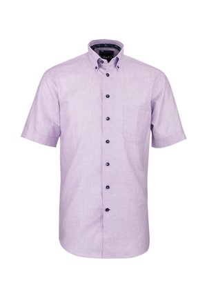 Hellviolettes kurzärmeliges Hemd mit Knopfleiste, Button-Down-Kragen, marineblauen Knöpfen und einer Brusttasche.