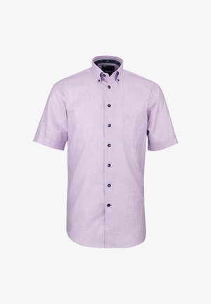 Hellviolettes kurzärmeliges Hemd mit Knopfleiste, Button-Down-Kragen, marineblauen Knöpfen und einer Brusttasche.