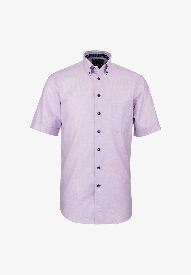 Chemise violette claire à manches courtes avec boutons, col boutonné, boutons bleu marine et poche poitrine.