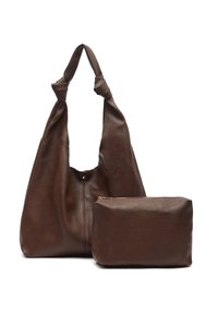 Pruun tekstuuriga nahast kott sõlmitud sangaga ja väiksem sobiv kotike. Kotil on lukuga sulgur, pehme ja struktureeritud disain.