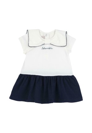 Vestitino da neonato bianco e blu navy con maniche corte, ampio colletto con rifinitura nera e "Adorable" ricamato sul petto.