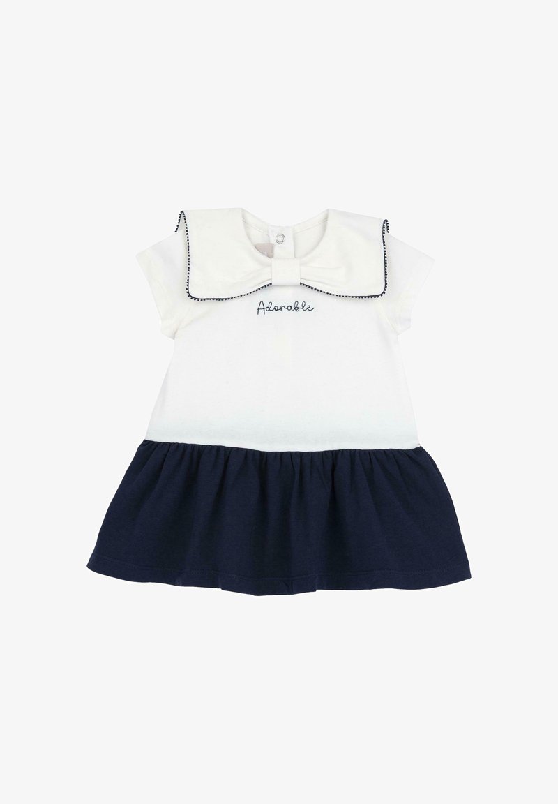 Robe de bébé blanche et marine à manches courtes, grand col avec bordure noire, et "Adorable" brodé sur la poitrine.