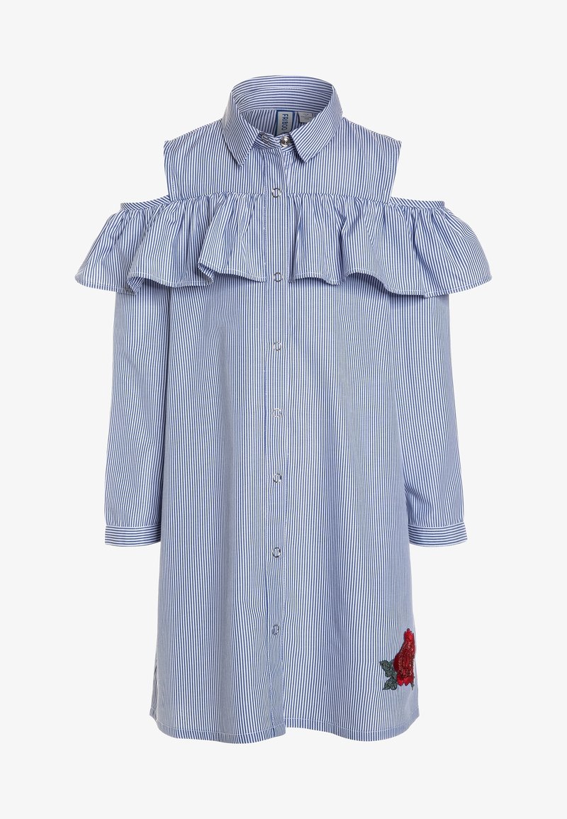 Niebieska i biała sukienka koszulowa w paski z falbankami na ramionach, z zapięciem na guziki oraz haftowanym czerwonym różą na dolnym brzegu.