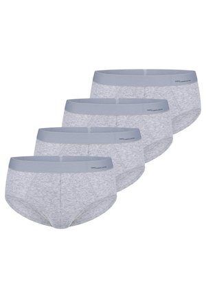 Four light gray cotton men’s briefs with wide gray elastic waistbands labeled "mey casual cotton" stacked diagonally.