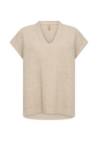 Beige kortärmad tröja med V-ringning och ribbad textur. Mjuk, lättviktsmaterial; något oversized form med rundad nederkant.