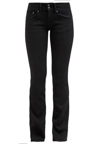 Vaqueros de mezclilla negra con un ajuste slim, diseño de cinco bolsillos y cierre de botón. Presenta una textura suave y un sutil detalle de costura.