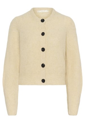 Cardigan tricotat scurt, de culoare crem, cu guler rotund, având șase butoane negre pe față și o țesătură texturată.