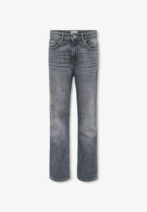 Sive kavbojke iz denima s ravnim krojem hlačnic. Imajo oprane detajle, pet žepov in kovinski gumb za zapenjanje v pasu.