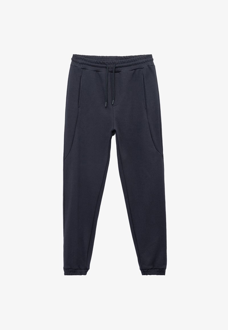 Navy joggerbyxor tillverkade av en blandning av bomull, med dragsko i midjan, sidofickor och avsmalnande muddar för en åtsittande look.
