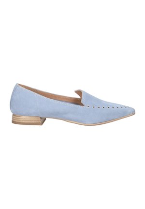Light blue suede flat shoe with a pointed toe, cut-out design on the sides, and a low stacked heel. Suitable for casual wear.