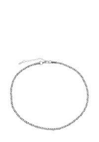 Bracciale in catena intrecciata d'argento con chiusura, dotato di piccoli link estensibili per la regolazione della misura. Design elegante e superficie liscia.