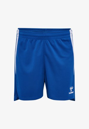 Blaue Sportshorts aus atmungsaktivem Material, mit weißen Seitestreifen und einem kleinen Logo am unteren linken Bein. Mit elastischem Bund.
