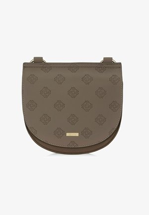 Brązowa skórzana torba na ramię z wytłoczonym wzorem, złotymi detalami i zaokrąglonym kształtem. Odczepiany pasek dla większej wszechstronności.