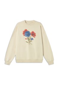 Crème sweatshirt met een bloemenmotief in blauwe en rode tinten, met ribgebreide manchetten en onderrand, en een relaxed fit. Soepele textuur.