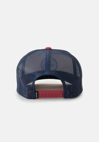 Navy blue mesh baseball cap with a red button on top and a red adjustable strap, featuring a logo label on the side.