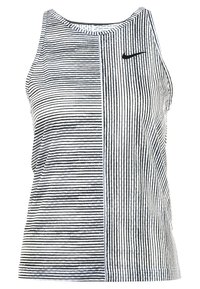 Débardeur Nike sans manches à rayures horizontales noires et blanches sur la gauche et à rayures verticales sur la droite, avec un logo Nike noir.