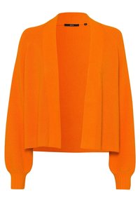 Cardigan tricoté orange vif ouvert devant avec de longues manches ballon et des poignets ajustés, longueur raccourcie et petite étiquette de marque noire à l’intérieur du col.