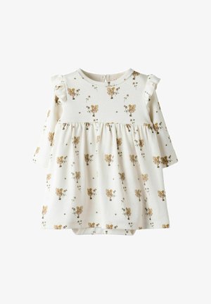 Long-sleeve baby dress in cream cotton with ruffled shoulder detail, featuring a floral print in muted gold and brown tones.