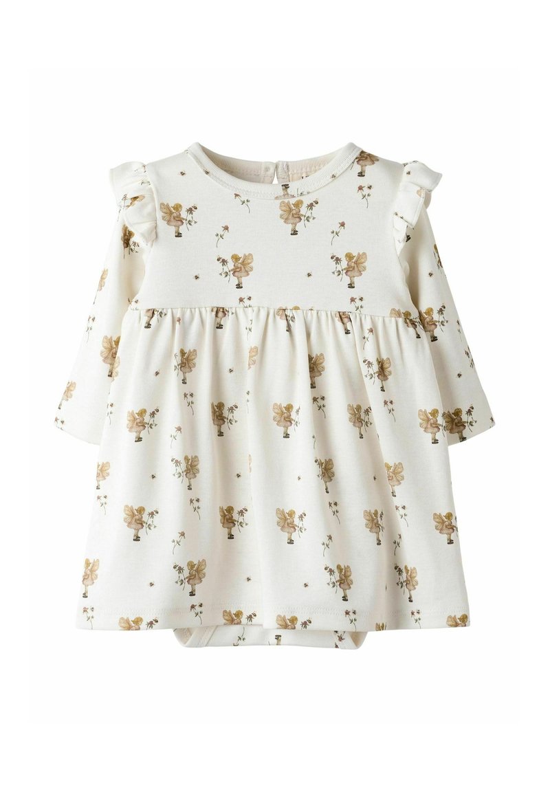 Långärmad babydress i krämfärgad bomull med volangdetaljer på axlarna, prydd med en blommig tryck i dämpade guld- och bruna nyanser.
