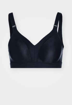 Black wireless bra with adjustable straps, smooth cups, and textured fabric detail along the top edges.