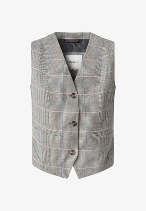 Grå rutigt väst med V-ringning, prydd med blå och rosa linjer, tre bruna knappar och två sidofickor. Texturerad tyg.